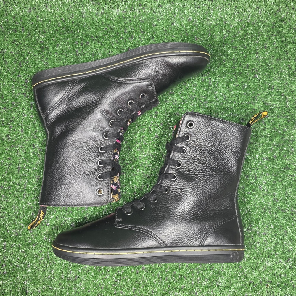 Dr. Martens Stratford Black With Floral Fold Down High Top Boots -Women's Size 8